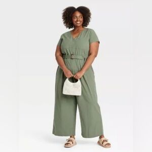 Soft Utility Jumpsuit Green Belted Ava & Viv Sz 3X NWT Neutral Minimalist Casual